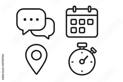 Communication and event planning line icon set. Chat bubble, calendar date, location pin, and stopwatch timer. Vector symbols for UI, UX, and web design. Minimalist outline pictograms.