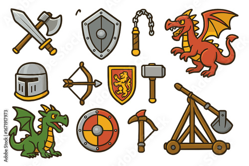 Medieval fantasy icon set with knight weapons, shields, and dragons. Vector cartoon collection for games, including sword, axe, helmet, bow, catapult, and heraldic lion.