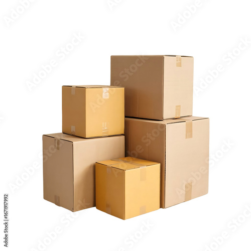 A stack of various sized brown cardboard boxes arranged in a pyramid shape isolated on transparent background