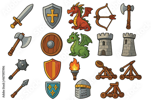 Big set of medieval fantasy icons. Cartoon vector collection with knight weapons, armor, shields, dragons, castle tower and catapults. Game assets clipart for illustration.