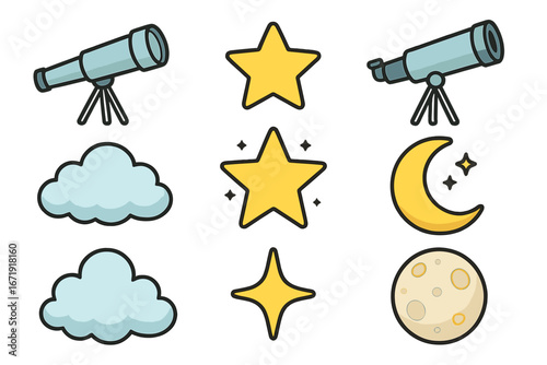 Astronomy icon collection. Telescope, star, moon, cloud. Night sky observation. Vector cartoon graphic set. Science, astrology, space exploration, discovery symbols.