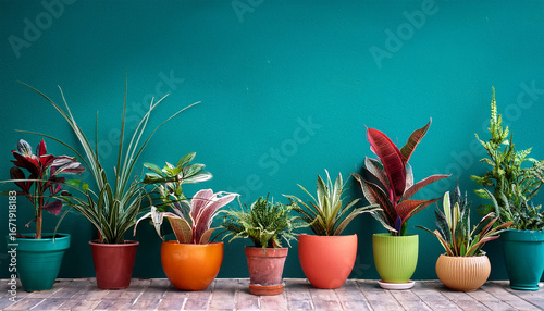 colorful potted plants against a teal wall