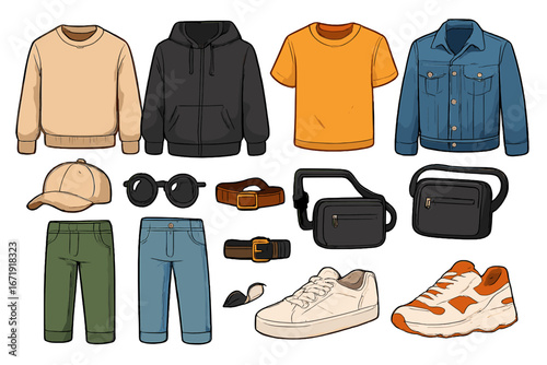 Men's casual clothes and accessories set. Vector fashion collection for outfit creation. Flat cartoon illustration with jeans, hoodie, jacket, t-shirt, sneakers, cap and bag.
