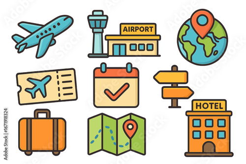 Travel and tourism icon set for vacation and journey planning. Vector symbols for flight, airport, hotel booking, destination, and navigation. Line art cartoon illustration.