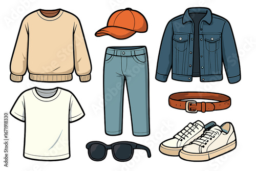 Men's casual outfit collection with denim jacket, jeans, sneaker, and accessories. Vector illustration set of man's clothes for everyday style. Wardrobe essentials flat lay.