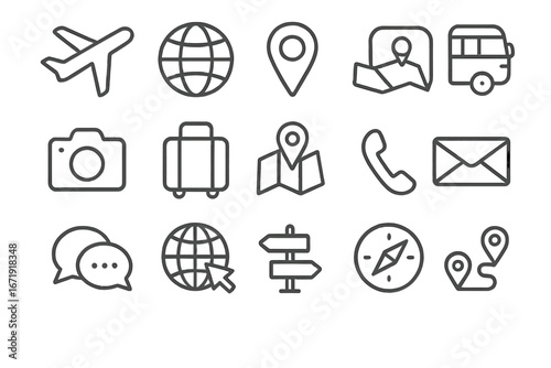 Travel and communication line icon set. Simple vector symbols for navigation, transport, tourism, holiday. Minimalist outline signs for web, app, global business. Journey.
