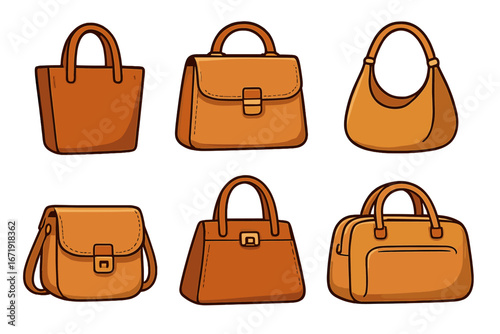 Set of stylish leather handbags. Collection of woman's fashion accessories. Tote, satchel, hobo, crossbody purse. Vector cartoon illustration of classic bags isolated on white.