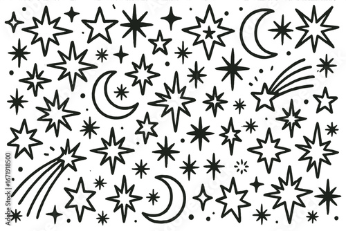 Celestial doodle set. Hand drawn stars, moons, comets. Night sky elements in a background pattern. Cute cartoon space vector illustration. Cosmic, magic, astrology symbols.