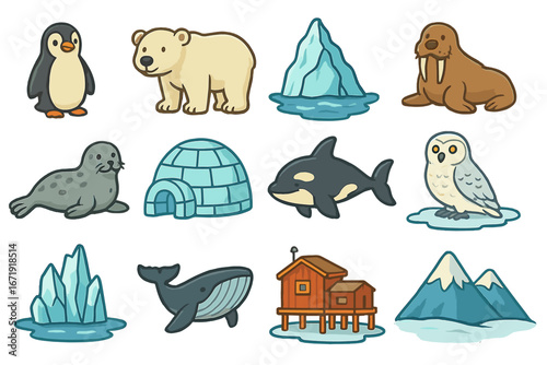 Arctic and Antarctic animals icon set. Cute cartoon vector collection with polar bear, penguin, whale, walrus, seal, orca. North and South pole wildlife, nature, and habitats.