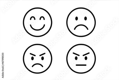 Emotions and Expressions Line Icon Set, Happy Sad Angry Faces Outline Collection, Vector Cartoon Illustration, Transparent Background, Ordered Set of 4 Emoticons