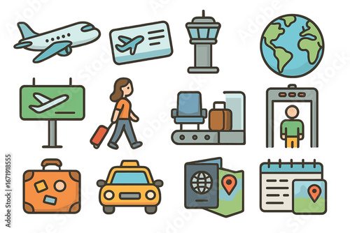 Travel and airport icon set. Vector flight symbols for tourism, vacation, and booking. Includes airplane, passport, luggage, map, and taxi for web and mobile app design.