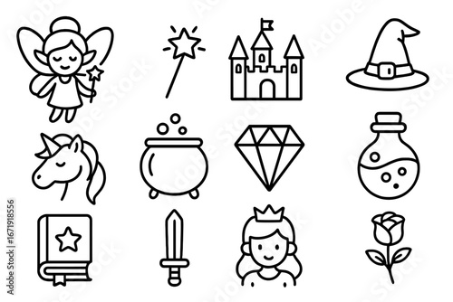 Fantasy fairy tale outline icon set with magical enchanted symbols, fairy, wizard hat, unicorn, castle, potion, sword, crown, rose, and diamond vector cartoon collection