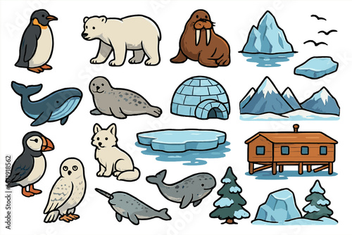 Arctic and antarctic animals icon set. Polar wildlife collection with penguin, polar bear, walrus, whale, seal, puffin, fox, owl, narwhal. Cartoon vector illustration.