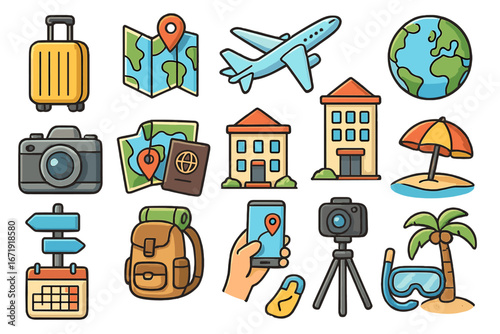 Travel and vacation icon set. Vector cartoon collection of tourism symbols for planning a trip. Includes airplane, passport, map, camera, hotel, luggage, and globe icons.