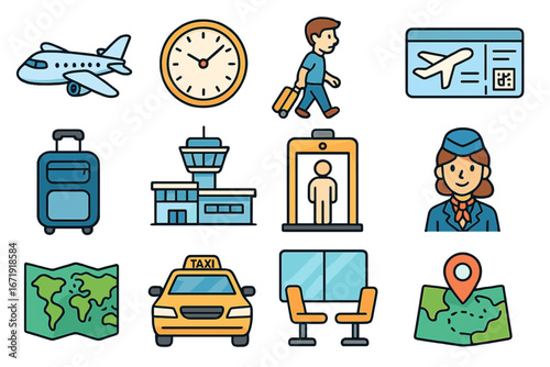 Travel icon set. Airport, flight, and vacation icons. Tourism and transport concepts. Vector illustration of airplane, passenger, luggage, ticket, taxi, map for travel design.