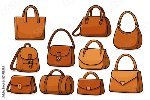 Set of fashion bags. Collection of leather handbag, tote, backpack, crossbody, clutch, duffel, satchel. Woman accessories icon. Brown cartoon vector illustration isolated.