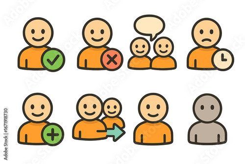 User interface icon set for web and app design. Vector cartoon avatars showing user status like add, delete, approve, pending, chat, and transfer. Digital interaction symbols.