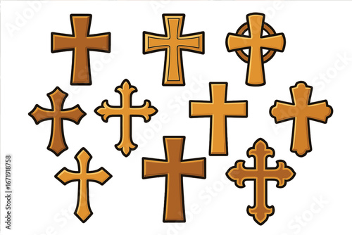 Christian cross vector icon set. Collection of various religious symbols. Cartoon illustration of Latin, Celtic, and decorative crosses for faith, spirituality, and church projects.