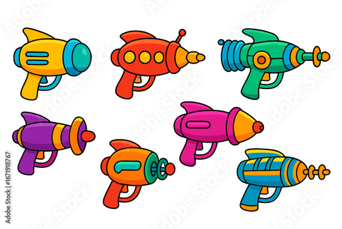 Colorful cartoon energy blasters in various futuristic shapes and vibrant designs for imaginative storytelling and gaming, vector illustration with transparent background