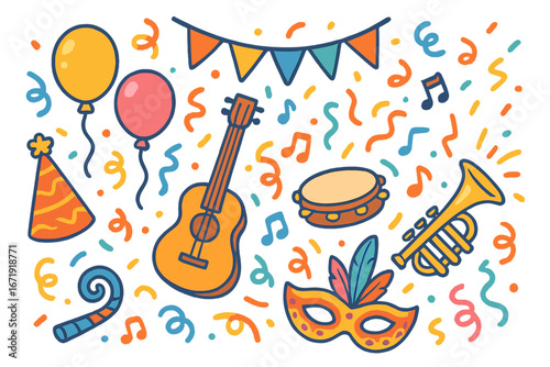 Colorful Celebration Elements with Balloons, Confetti, Musical Instruments, Party Mask, and Decorations for Festive Events - Vibrant Cartoon Vector Illustration with Transparent Background