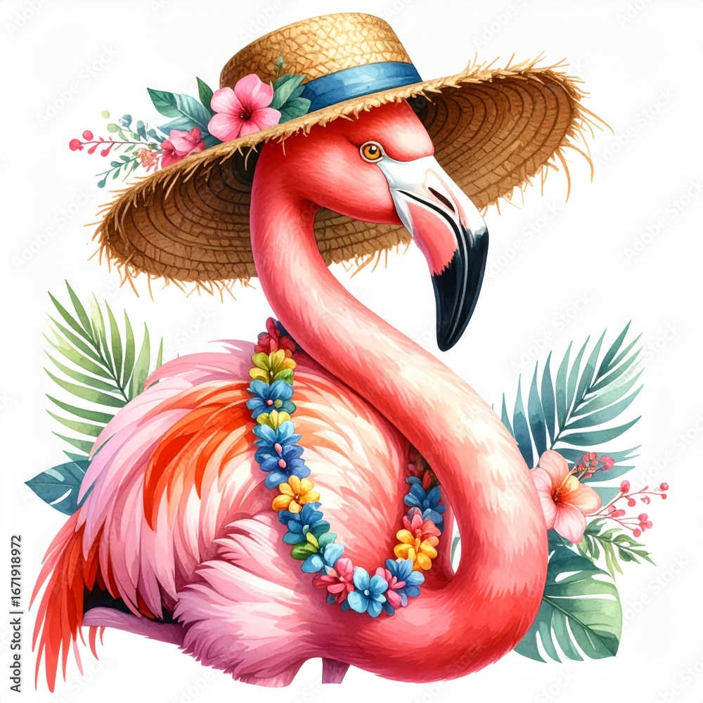 Obraz premium Pink Flamingo Adorned With Floral Lei and Straw Hat in Watercolor Style