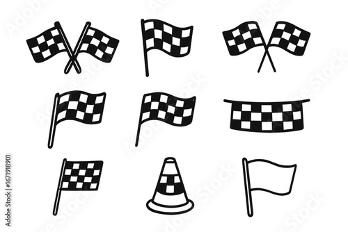 Checkered Racing Flags Outline Icon Set, Competition Symbols Collection, Vector Cartoon Illustrations, Transparent Background, Motorsport and Racing Elements, Ordered Set 3