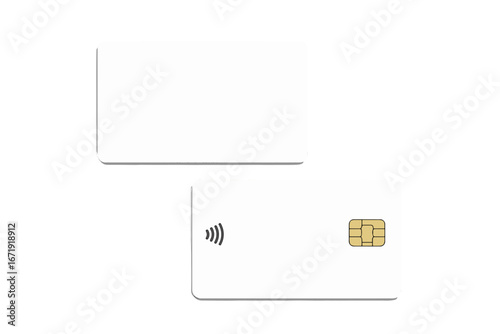 Blank credit card realistic mockup. White plastic bank card template. Front and back. Empty debit card with 3D shadow, gold chip and contactless symbol for finance branding.