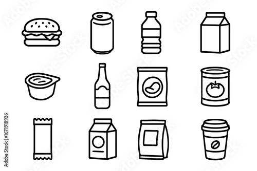 Food and beverage outline icon set. Snacks, canned goods, packaged drinks, coffee cups, and various food packaging collection. Vector cartoon illustration on transparent background.