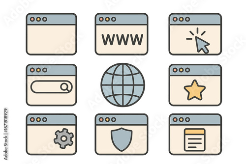 Web browser and internet line icon set. Website page interface symbol collection. Vector concepts for www, search, security, settings, favorites, and mouse click. Flat UI design.