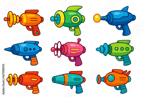 Set of colorful cartoon laser blasters. Retro sci-fi ray gun collection. Vector space weapon illustration for game asset. Alien toy pistol, futuristic energy gun clipart.