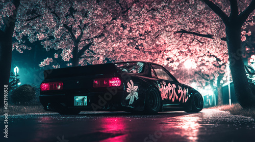 Japanese Drift Car with Bold Kanji Decals Glowing at Night Under Cherry Blossom Trees, Neon Street Racing Vibe, Nighttime Automotive Scene, Urban Drift Culture