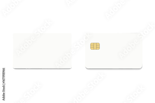 Realistic white credit card mockup. Blank plastic bank card template with gold EMV chip. Vector for business and finance. Debit card, gift card, id card front and back view.