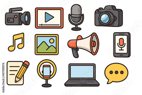 Content creator icon set for vlogging, blogging, streaming. Vector multimedia symbols for digital marketing, social media. Cartoon illustration of camera, mic, laptop, phone.