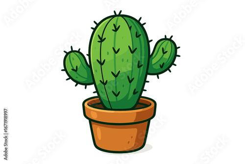 Cactus plant in pot vector cartoon illustration. Cute green succulent for home and office decor. Concept indoor gardening, houseplant, desert flora. Simple saguaro icon.