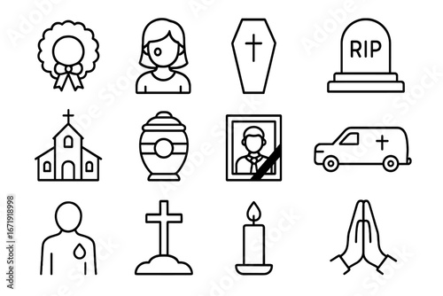 Funeral and Memorial Icon Set Outline. Mourning, Cemetery, Ceremony Symbols in Line Art. Vector Cartoon Illustration with Transparent Background. Ordered Collection 1.