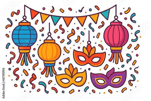 Colorful festive decorations with lanterns, carnival masks, confetti, and bunting flags for joyful celebration and party atmosphere, vibrant vector cartoon illustration