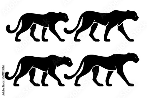 Cheetah walking silhouette vector set. Big cat walk cycle animation frames. Stylized graphic icon for logo design. Wild animal, panther, leopard, predator from the jungle safari.