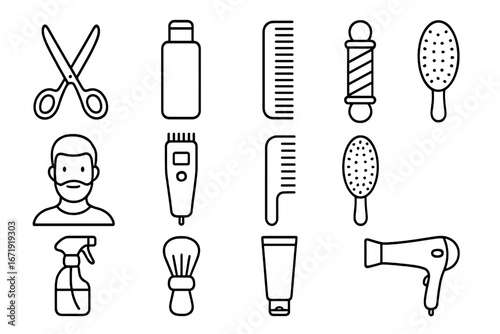 Hairdressing Tools Outline Icon Set, Barber Salon Grooming and Cutting Equipment, Styling Instruments Vector Cartoon Illustration with Transparent Background, Ordered Set 3