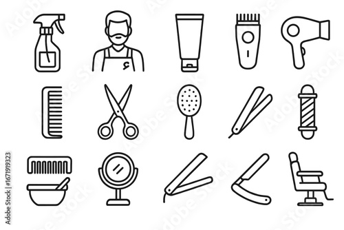 Hairdressing Tools Outline Icon Set, Barber and Salon Equipment Collection, Grooming, Cutting, Styling Essentials, Vector Cartoon Illustration, Transparent Background, Ordered Set