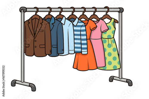 Clothing rack with hanging garments. Fashion retail display with suits, shirts, dresses. Wardrobe or closet apparel collection. Men and women clothes. Vector cartoon illustration.