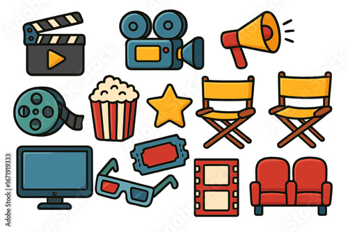 Cinema and movie production icon set. Film industry entertainment elements. Vector cartoon illustration of clapperboard, camera, popcorn, director chair, ticket and 3D glasses.