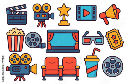 Cinema and movie icons set. Film production and entertainment elements. Colorful cartoon vector illustration. Includes camera, clapperboard, popcorn, ticket, 3D glasses, award.