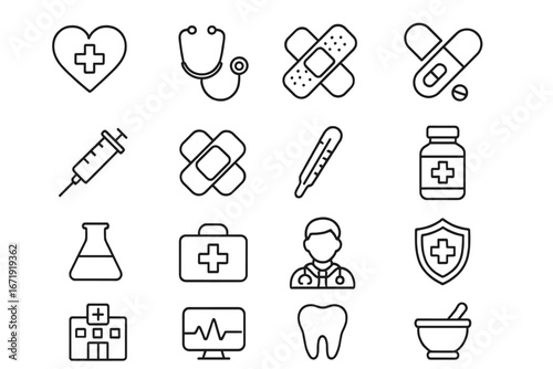 Healthcare and Medical Outline Icon Set, Medicine and Wellness Hospital Icons Collection, Vector Cartoon Illustration, Transparent Background, Ordered Set 1