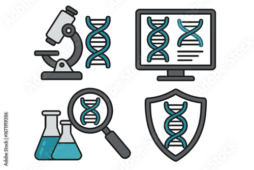 DNA research icon set for genetics and biotechnology. Vector icons for scientific analysis, technology, laboratory work, and genetic protection. Gene editing and medical concepts.