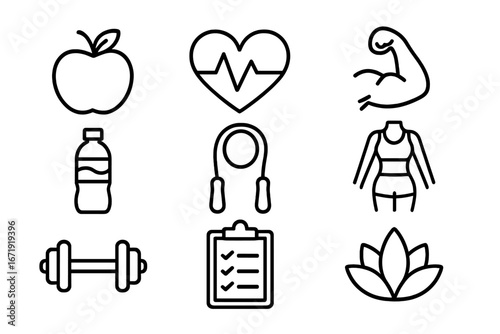 Healthy lifestyle line icon set including fitness, wellness, nutrition, hydration, exercise equipment, workout planning, strength, and mindfulness vector collection transparent background