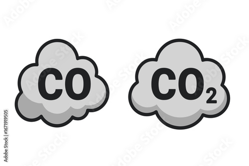 CO carbon monoxide and CO2 carbon dioxide icons. Gas pollution symbol. Smoke cloud emission concept. Greenhouse effect gas formula. Climate change vector illustration.