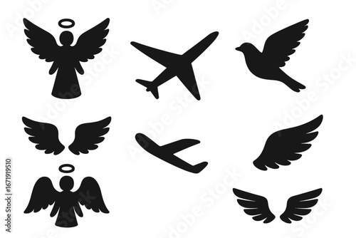 Angel flight silhouette icon set. Winged bird, dove, aviation, and airplane symbols. Heaven, freedom, religious, and travel concepts. Vector graphic design elements collection.