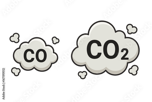 CO carbon monoxide and CO2 carbon dioxide gas emissions. Air pollution icons. Smoke cloud vector. Greenhouse gas, exhaust fume concept. Climate change chemical formula.
