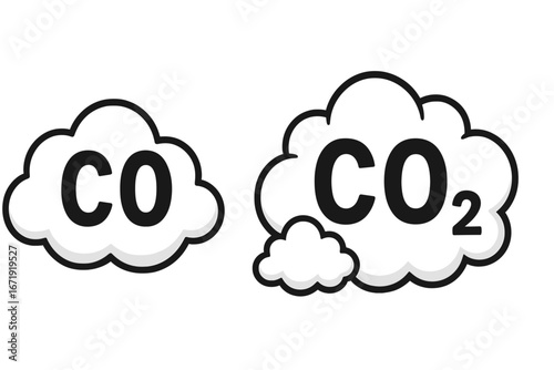 CO and CO2 carbon dioxide and monoxide gas emissions in cloud form. Air pollution icon concept. Climate change and global warming vector symbol. Environmental problem cartoon.