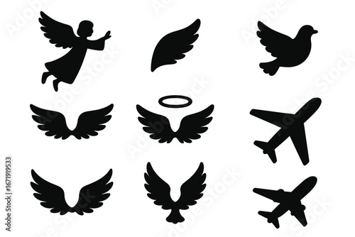 Angel wings and flight icon set. Black silhouette collection of religious, bird, and aviation symbols. Vector graphic elements for travel, peace, freedom, and heaven concepts.